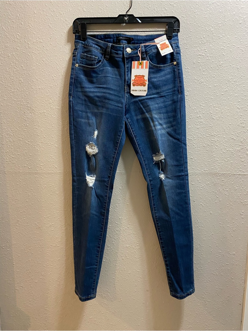 Denim Couture Women's Ripped Mid-Rise Skinny Jeans - Dark Blue